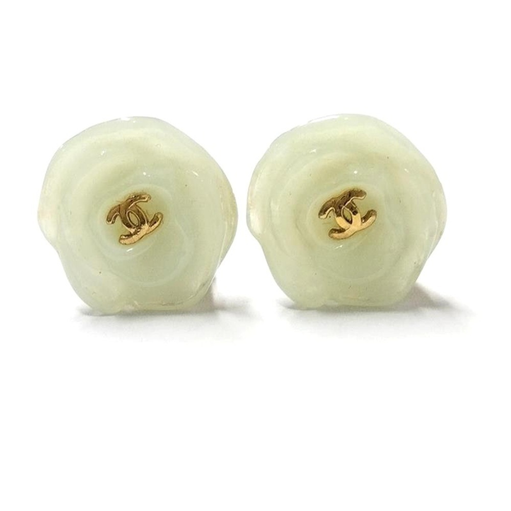 Chanel CHANEL 02P Camellia Coco Mark Earrings Plastic G Green